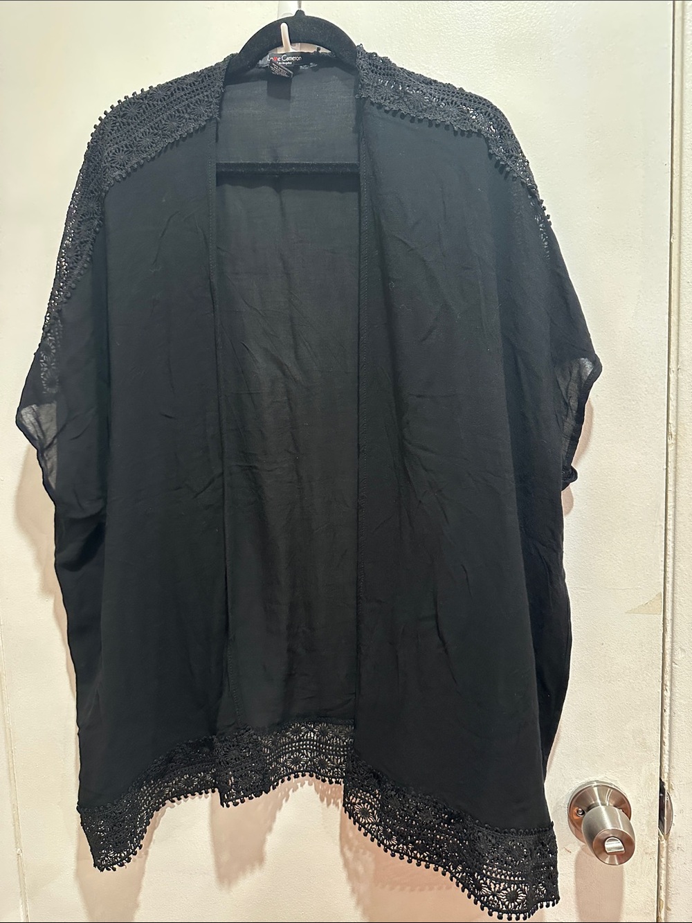 Love Cameron Black Open-Front Lace-Trim kimono coverup